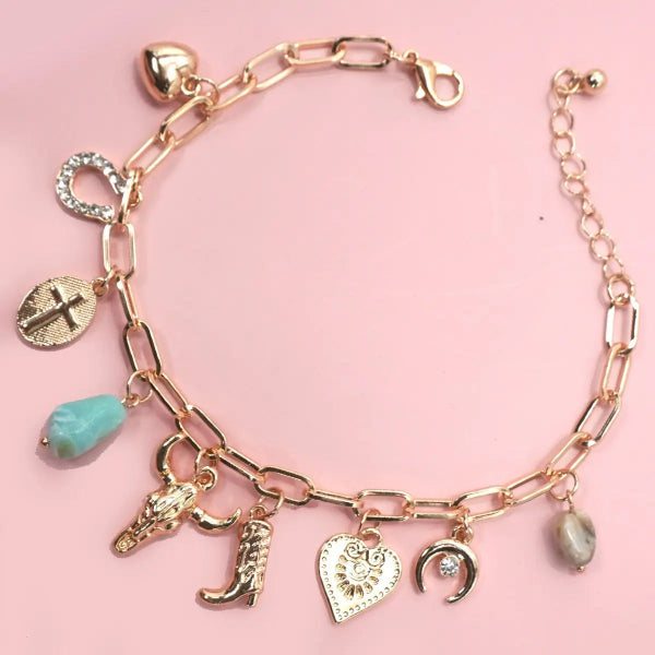 Western Boot Bullhead Charm Bracelet