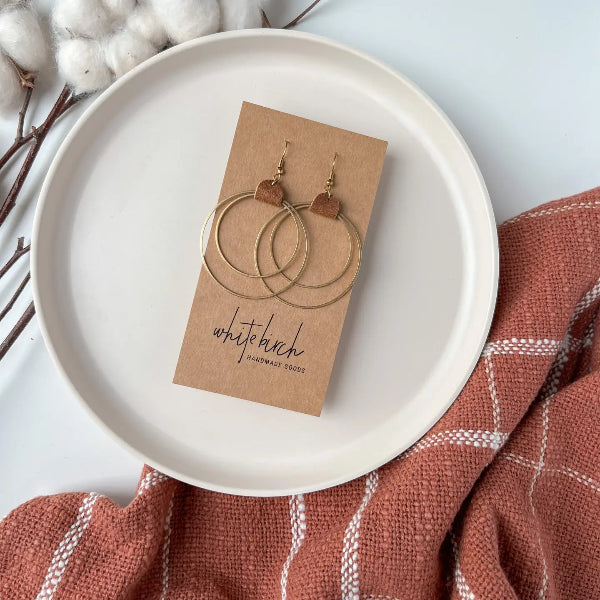 Leather Oval & Double Brass Circle Earrings
