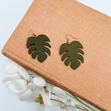 Monstera Leaf Green Leather Earrings