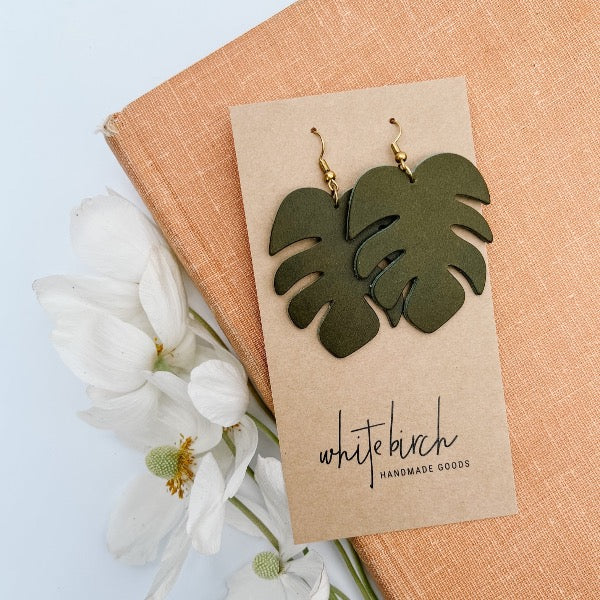 Monstera Leaf Green Leather Earrings