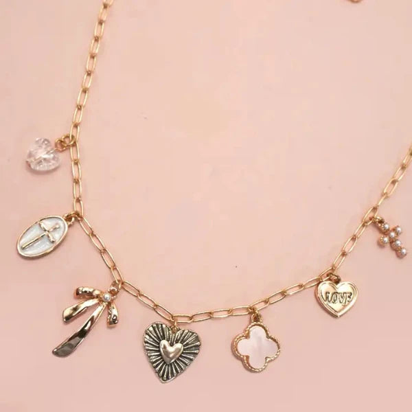 Porcelain Clover Cross Heart Charm Necklace
