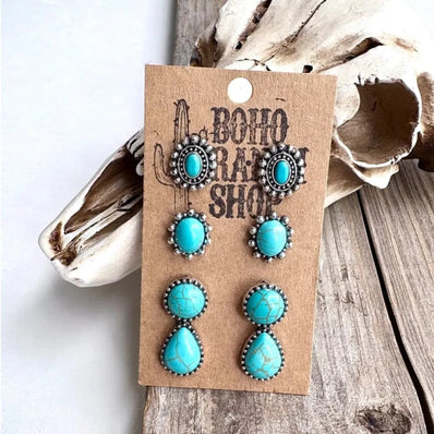 3 Pair Concho Turquoise Earrings Set