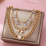 Bow & Crystal Heart Charm Layered Bracelet