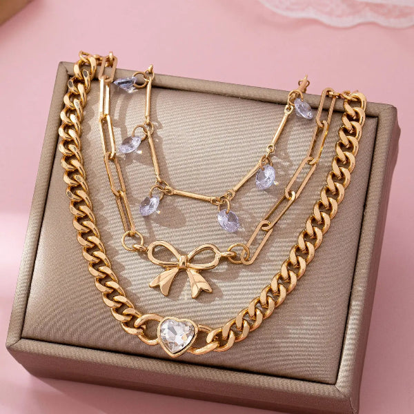 Bow & Crystal Heart Charm Layered Bracelet