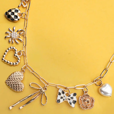 Bow Checker Heart Floral Charm Necklace