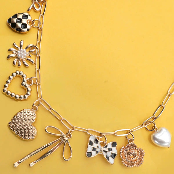 Bow Checker Heart Floral Charm Necklace