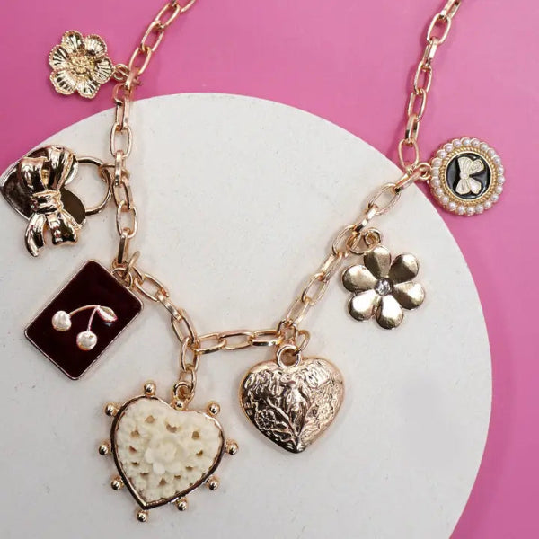Bow Cherry Heart Charm Necklace