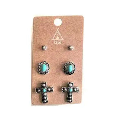 Cross 3 Pair Turquoise Earring Set