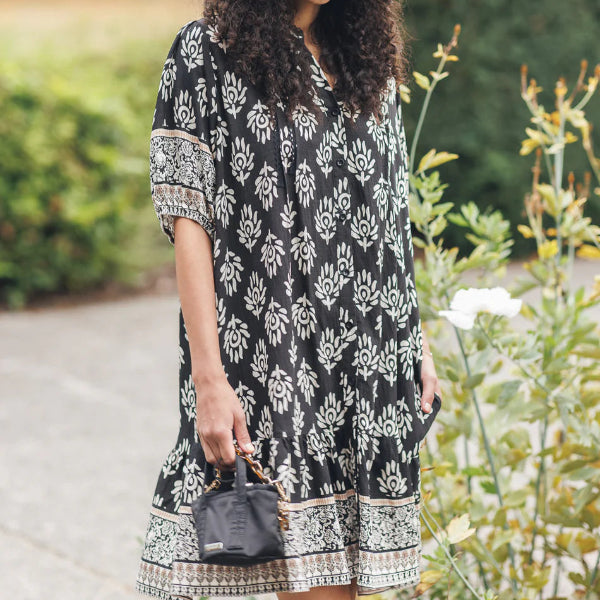 Damask Border Print Button Front Dress