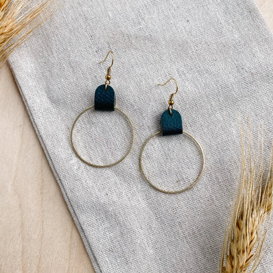 Leather Oval & Brass Circle Earrings