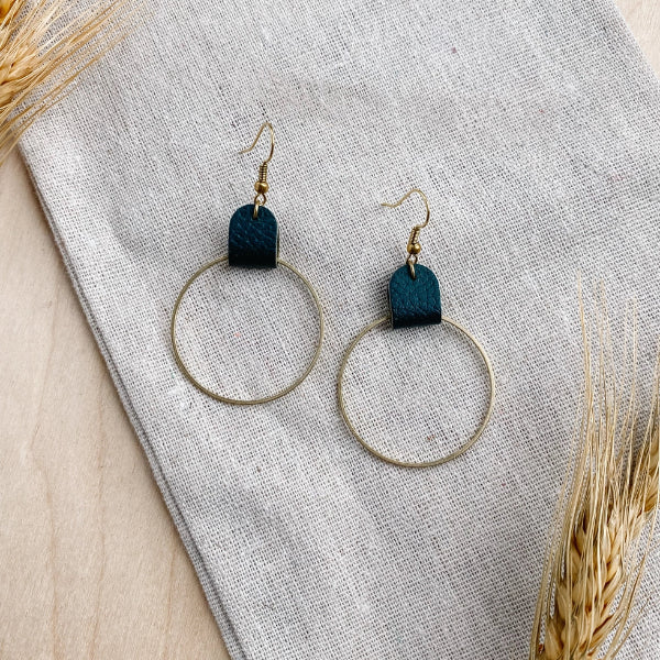 Leather Oval & Brass Circle Earrings