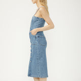 Button-Front Denim Midi Dress