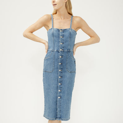 Button-Front Denim Midi Dress
