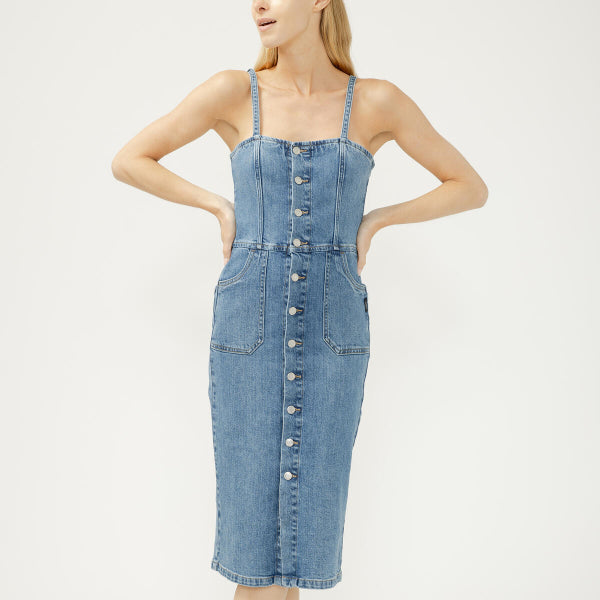 Button-Front Denim Midi Dress