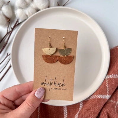 Mini Leather Half Moon & Brass Earrings