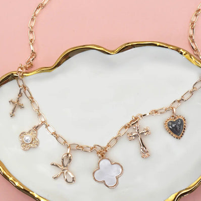 Clover Bow Cross Heart Flower Charm Necklace