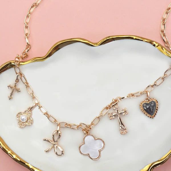 Clover Bow Cross Heart Flower Charm Necklace