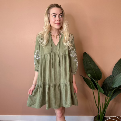 Rua 3/4 Sleeve Embroidered Dress