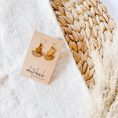 Mini Leather Half Moon & Brass Circle Post Earrings