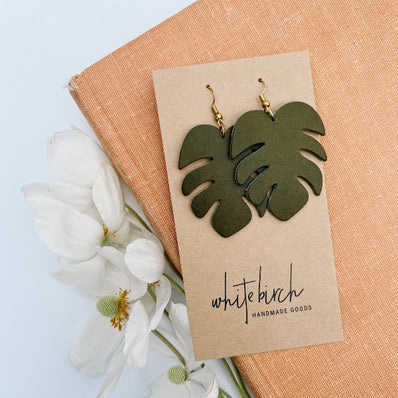 Monstera Leaf Green Leather Earrings