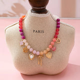 Pastel Beaded Bow Heart Charm Necklace