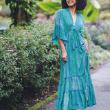 Satin Tiered Floral Kimono Maxi Dress