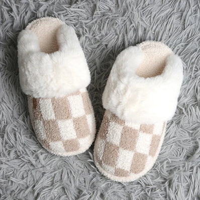 Checkered Faux Fur Slippers