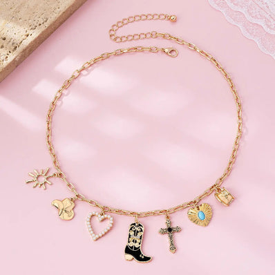 Boot Cross Blue Heart Charm Necklace