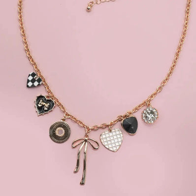 Bow Checker Heart Charm Necklace