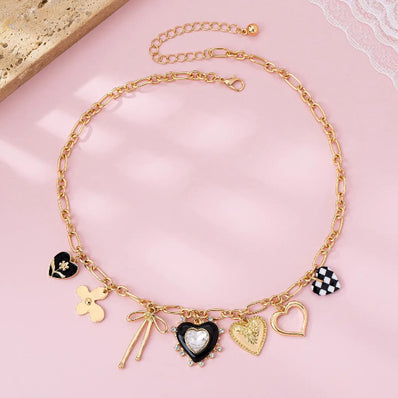 Bow Checker Black Rhinestone Heart Charm Necklace
