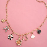 Bow Checker Heart Rhinestone Charm Necklace