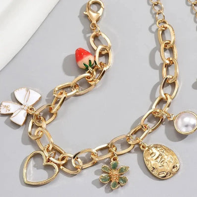 Bow Strawberry Charm Bracelet