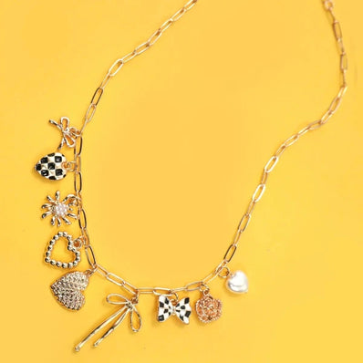 Checker Heart Floral Charm Necklace