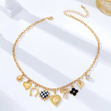 Checkered Heart Pearl Bow Charm Necklace