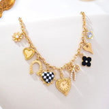 Checkered Heart Pearl Bow Charm Necklace