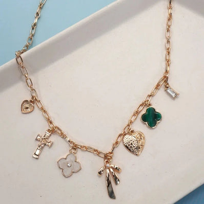 Green Clover Bow Cross Charm Necklace