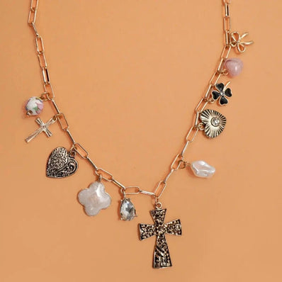 Clover Cross Heart Bow Charm Necklace