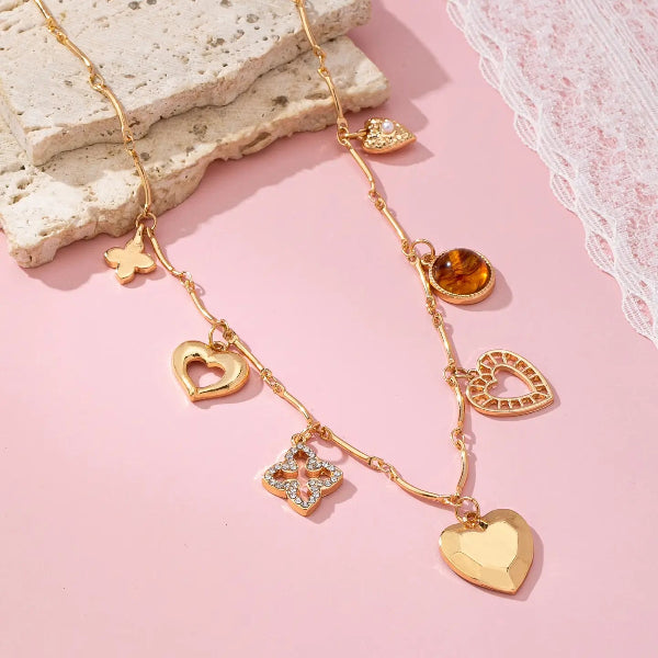 Hearts Clover Stone Charm Necklace