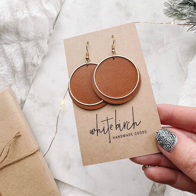 Leather Disc & Brass Circle Earrings