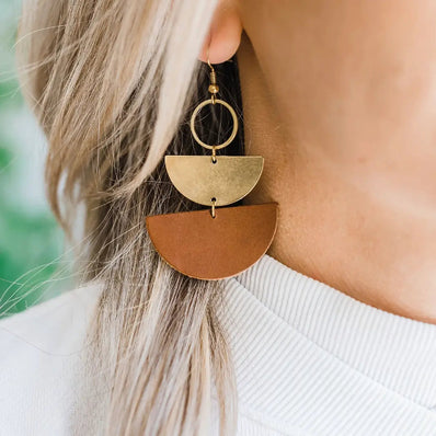 Leather & Brass Stacked Half Moon Earrings