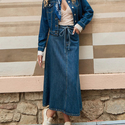 Knotted Long Denim Skirt