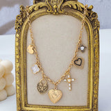Antique Heart Locket & Cross Charm Necklace