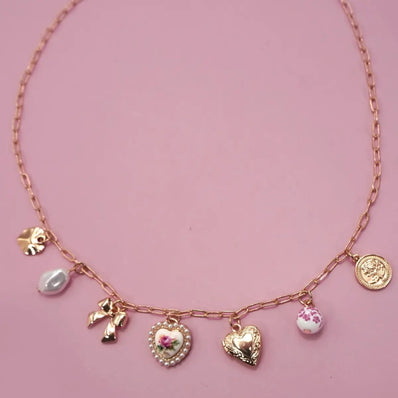 Pink Porcelain Bow Heart Charm Necklace