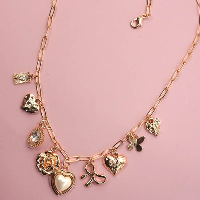 Bow Heart Rhinestone Flower Charm Necklace
