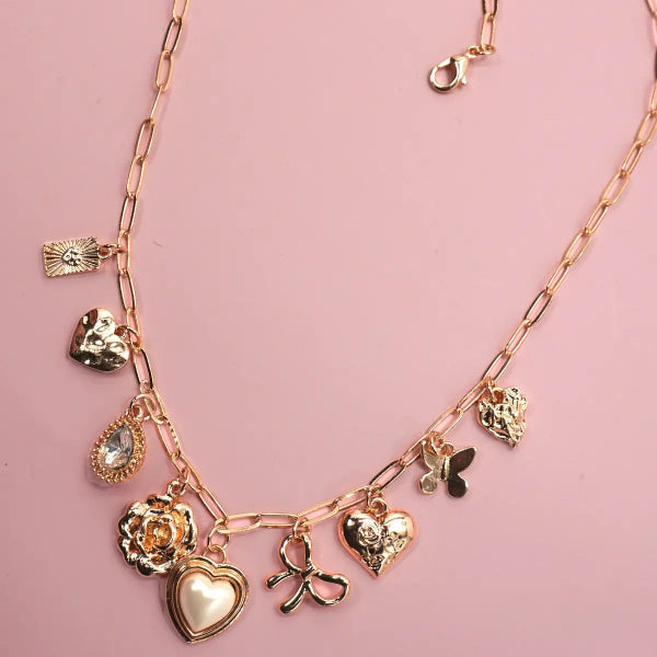 Bow Heart Rhinestone Flower Charm Necklace