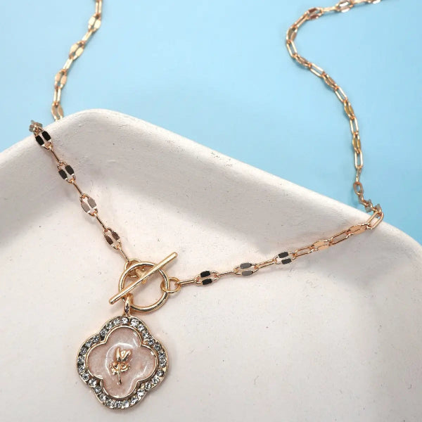 Rhinestone Rose Pearl Charm Toggle Necklace