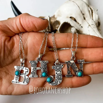 Initial Stamped Turquoise Stone Necklace