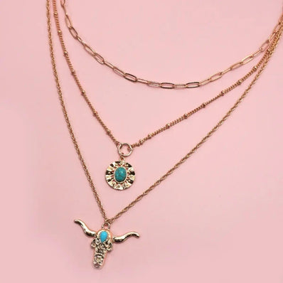 Turquoise Bull Head Layered Necklace