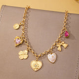 Vintage Floral Heart Stone Charm Necklace