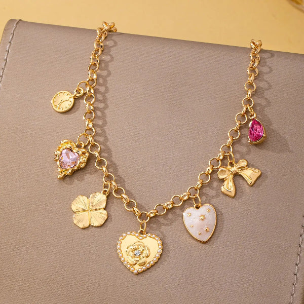 Vintage Floral Heart Stone Charm Necklace
